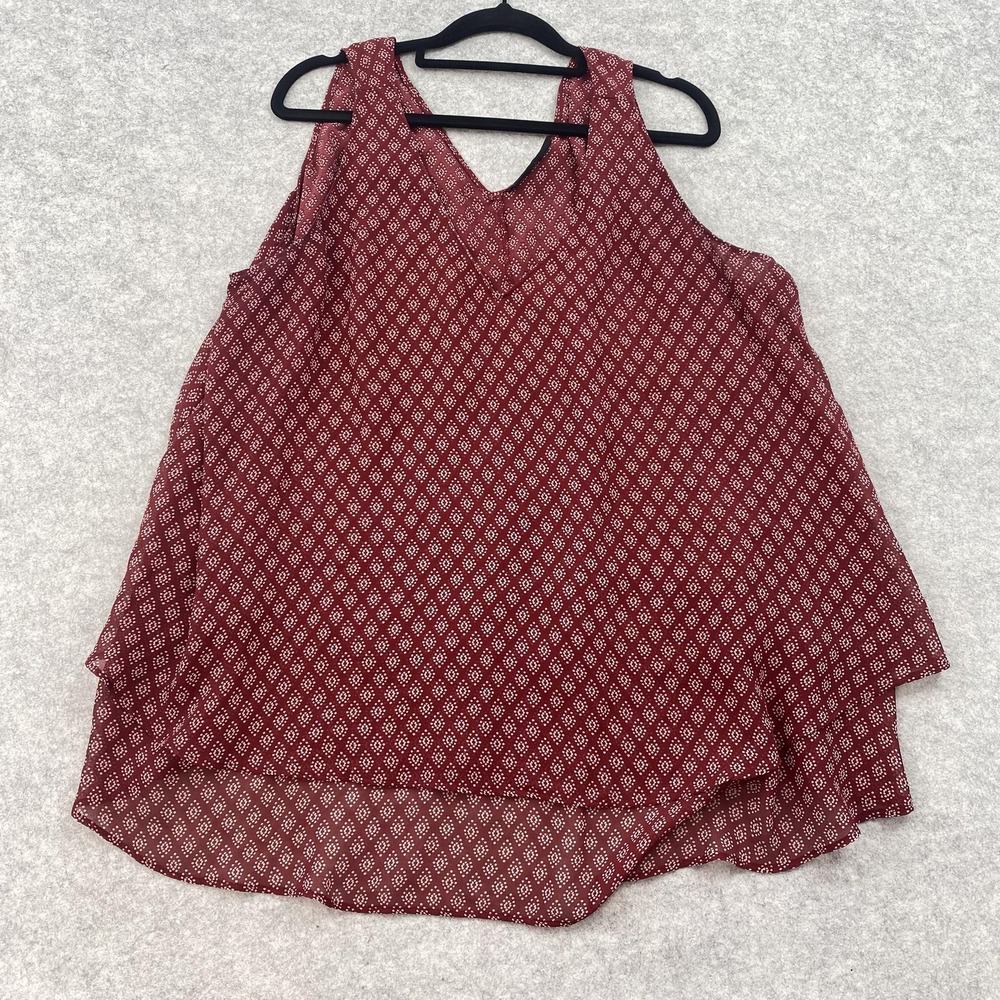 Lane Bryant Tank Top Womens 18 Red Geometric Chiffon V Neck Tunic Summer Casual